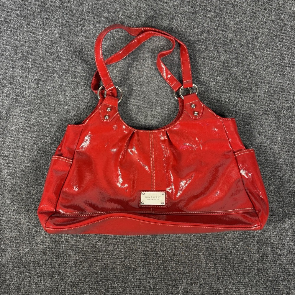Nine West Red Patent Leather Shoulder Bag Hobo Tote Handbag Silver Hardware Y2K